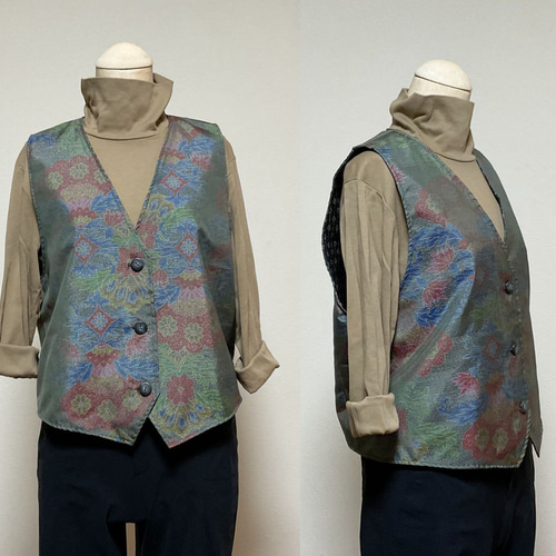 着物リメイク ベスト A リバーシブル チョッキ シルク 古布正絹