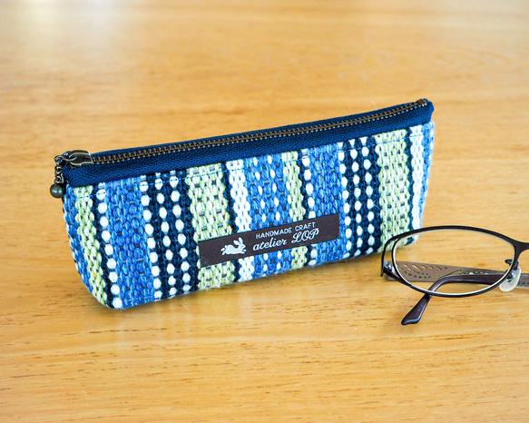 【Creema Limited新年福袋】手工編織斯堪的納維亞條紋方形手提包眼鏡盒套裝（藍色） 第3張的照片