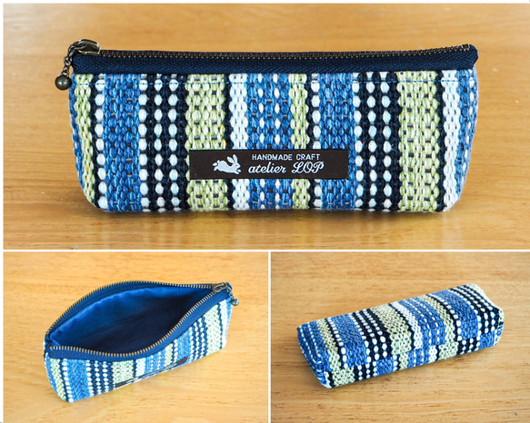 【Creema Limited新年福袋】手工編織斯堪的納維亞條紋方形手提包眼鏡盒套裝（藍色） 第4張的照片