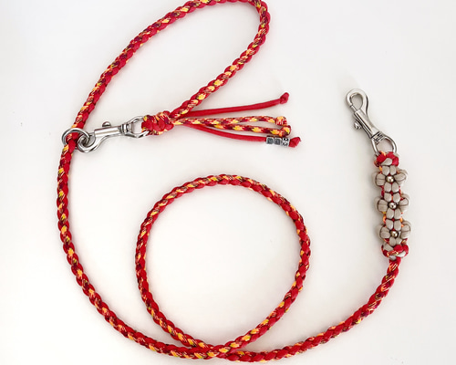 お名前入り パラコード4本編み カフェリード お花 ベージュ×オレンジ