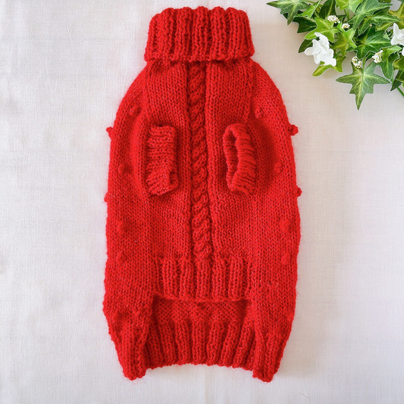 犬服　手編みセーター　赤　胴回り40cm 3枚目の画像