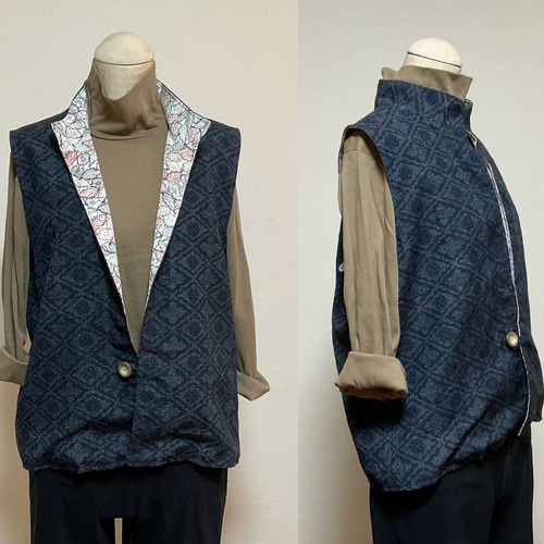 着物リメイク ベスト C ハイネック リバーシブル チョッキ シルク 古布