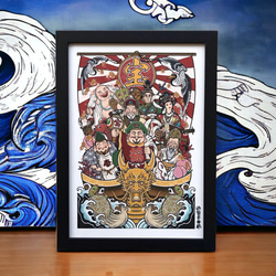 尾九 吉祥画 宝船 イラスト 七福神 A4サイズ 簡易フレーム付き