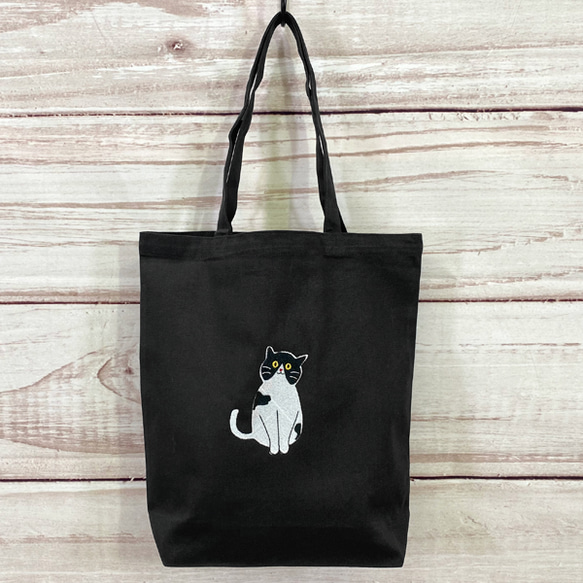 おすわりハチワレ猫の刺繍のキャンバスコットントートバッグ/エコバッグ【送料無料】 7枚目の画像