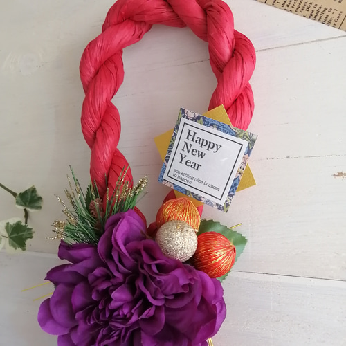 しめ縄2023 】縦長のしめ縄飾り(レッド) 赤 お正月飾り 玄関飾り