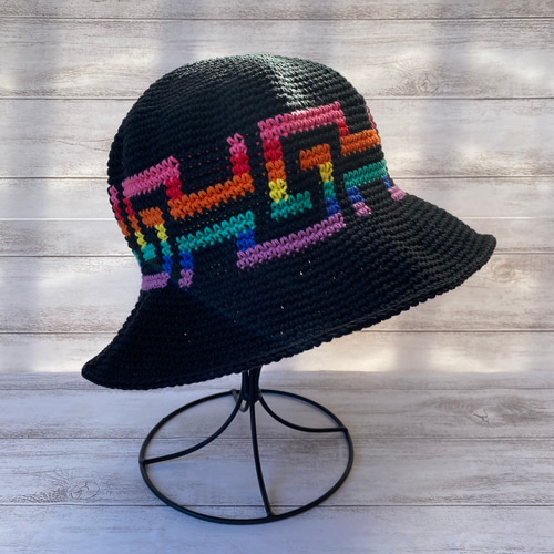 NO.3122062】ハンドメイド クロシェハット 雷文模様 バケットハット