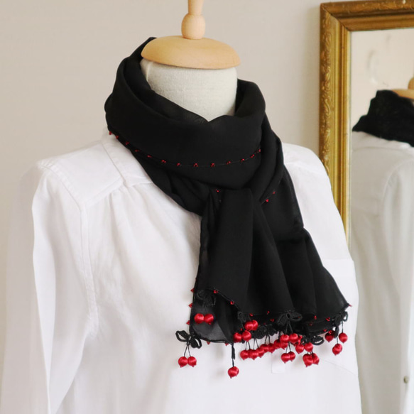 [Made to order] OYA chiffon shawl [CHERRY] Black 第5張的照片