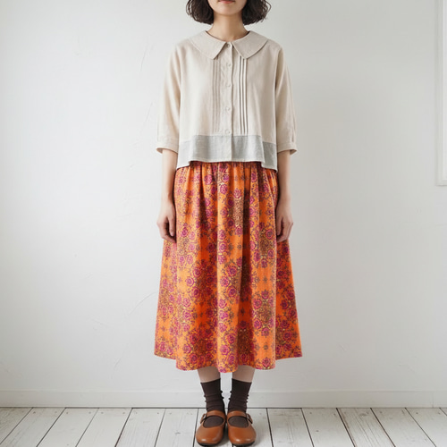 春もの☆超早割】USAコットン オレンジ色がキュート♪レトロなお花柄