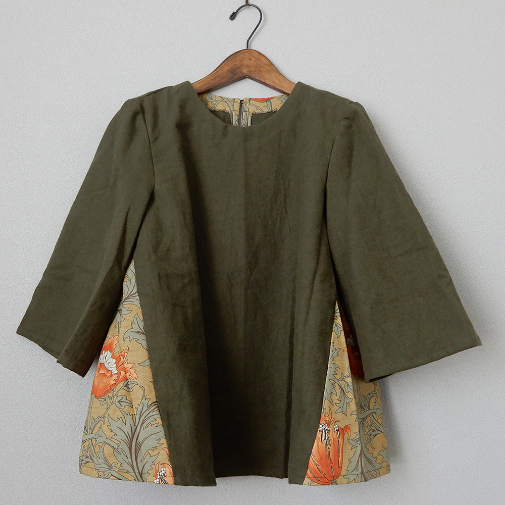 簡単にオシャレしたい！ウールとコットンリネン 大人の切り替えフレアトップス(ブラウス)ウイリアムモリス アネモネオレンジ