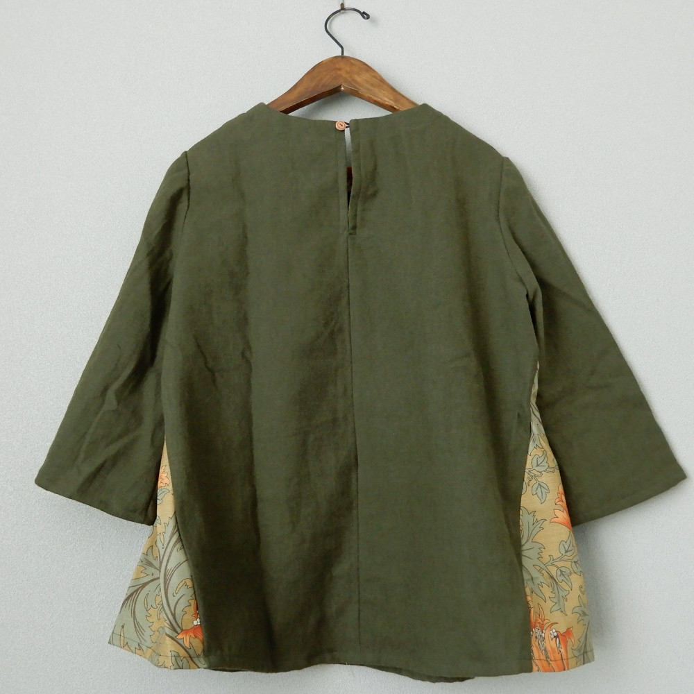 簡単にオシャレしたい！ウールとコットンリネン 大人の切り替えフレアトップス(ブラウス)ウイリアムモリス アネモネオレンジ