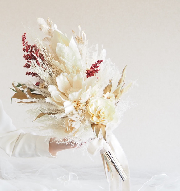 ブートニア付♥ウェディングブーケ 結婚式前撮り 花束 プリザーブドフラワー