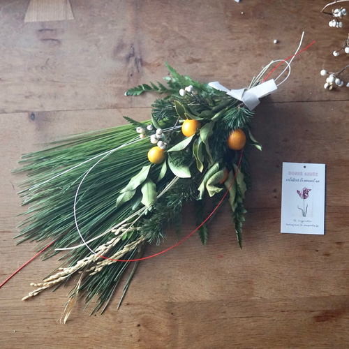 早割) 金柑と大王松のしめ縄飾り Bonne année2023 No.21ドライフラワー