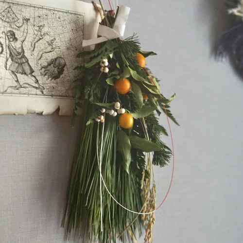 早割) 金柑と大王松のしめ縄飾り Bonne année2023 No.21ドライフラワー