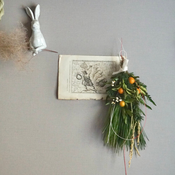 早割) 金柑と大王松のしめ縄飾り Bonne année2023 No.21ドライフラワー