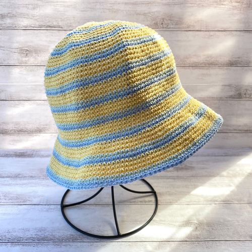 【ハンドメイド・完成品】クロシェハット　バケットハット　ボーダー　グリーン系 NO.3122042】ハンドメイド ボーダー クロシェハット グリーン系