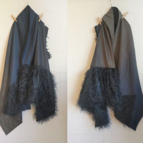 SALE】イタリア製 グラデーションウール×フリンジフリル片袖マフラー  