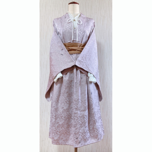 ◇着物リメイク◇ セットアップ 薄紅色 レース ベルト付き 1点もの