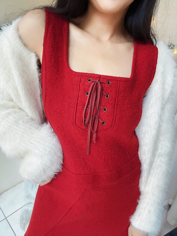 烈焰火紅綁帶方領大圓裙擺 古董羊毛毛料 連身洋裝長裙 dress 第3張的照片
