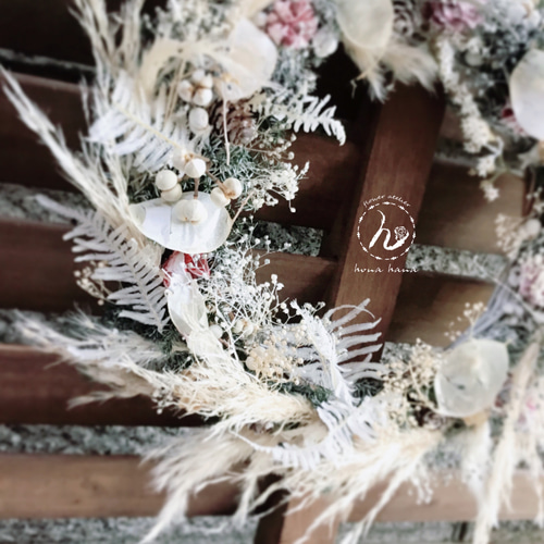 パンパスグラスとルナリアとブリザードかすみ草のリース大きめ40cm 秋限定2024】 パンパスグラスがゆらゆら！ルナリアがキラリ