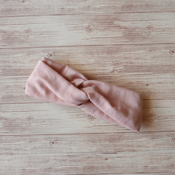 兒童尺寸雙層紗布交叉頭巾（淡粉紅色） 第2張的照片