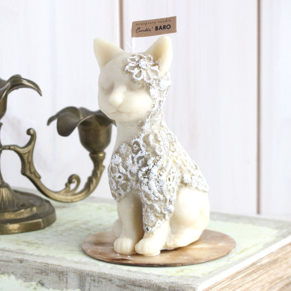 猫好きさんに捧ぐ猫スカルプチャー(彫刻)キャンドル アイボリー