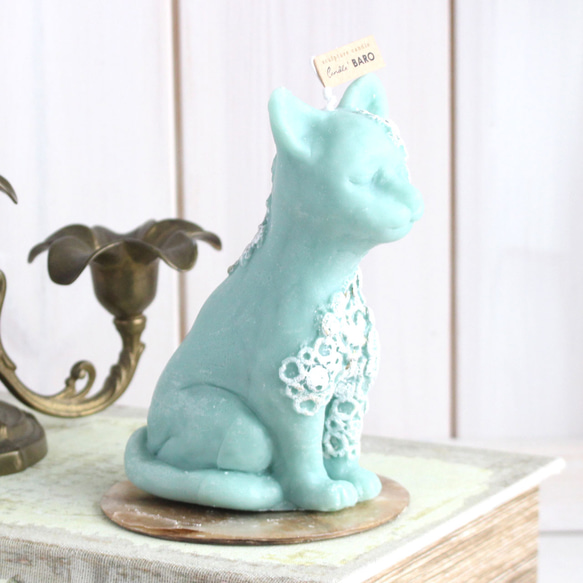 猫好きさんに捧ぐ猫スカルプチャー(彫刻)キャンドル　ミント 2枚目の画像