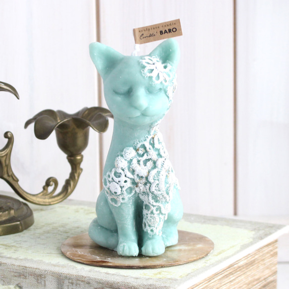 猫好きさんに捧ぐ猫スカルプチャー(彫刻)キャンドル　ミント 3枚目の画像
