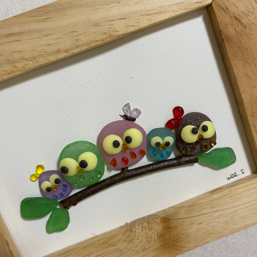 WOL.S シーグラスアート カラフルフクロウ その他インテリア雑貨