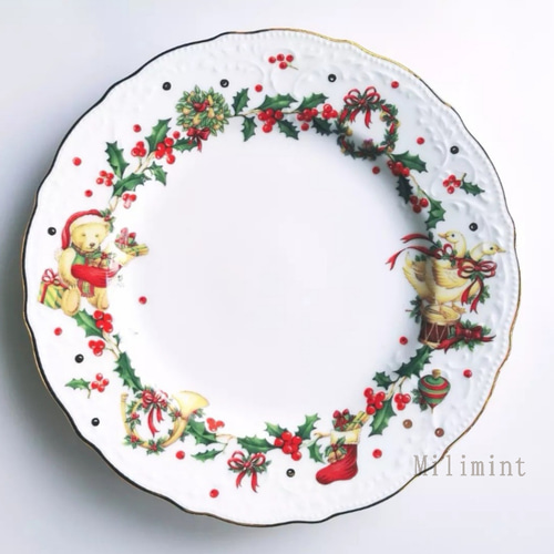 受注制作】キラキラ煌めくクリスマスリース19.4cmプレート（ケーキ皿