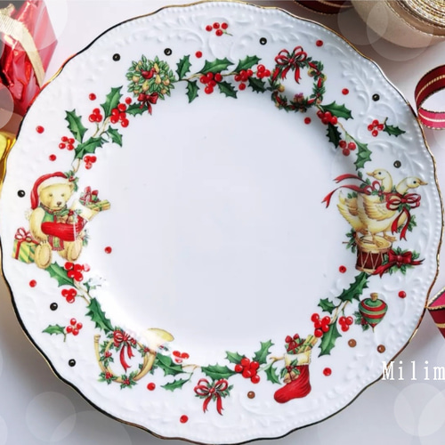 受注制作】キラキラ煌めくクリスマスリース19.4cmプレート（ケーキ皿