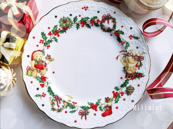 受注制作】キラキラ煌めくクリスマスリース19.4cmプレート（ケーキ皿