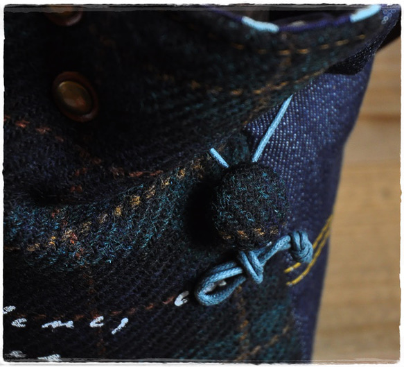 【sale☆】冬コーデ:ハリスツイード:グリーン×ネイビーのチェック:シンプルな巾着:トート:バッグ:本革の持ち手 5枚目の画像