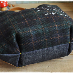 【sale☆】冬コーデ:ハリスツイード:グリーン×ネイビーのチェック:シンプルな巾着:トート:バッグ:本革の持ち手 10枚目の画像