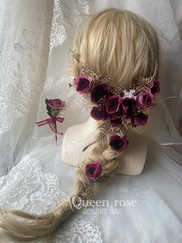 【送料無料】Queen rose  ワイン×ゴールドのヘッドドレス&ブートニアの2点セット♪ 2枚目の画像