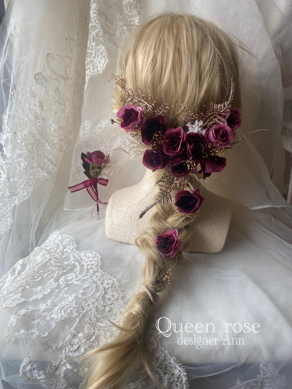 【送料無料】Queen rose  ワイン×ゴールドのヘッドドレス&ブートニアの2点セット♪ 3枚目の画像