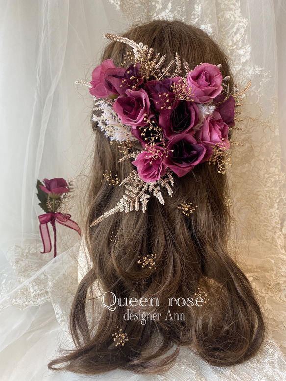 【送料無料】Queen rose  ワイン×ゴールドのヘッドドレス&ブートニアの2点セット♪ 13枚目の画像