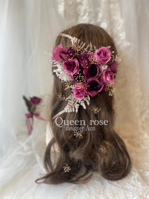 【送料無料】Queen rose  ワイン×ゴールドのヘッドドレス&ブートニアの2点セット♪ 9枚目の画像