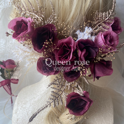 【送料無料】Queen rose  ワイン×ゴールドのヘッドドレス&ブートニアの2点セット♪ 6枚目の画像