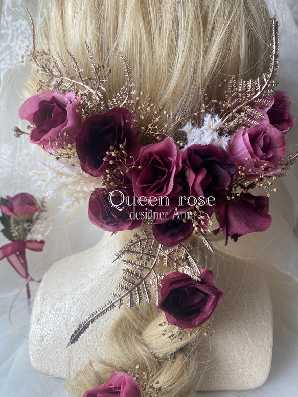 【送料無料】Queen rose  ワイン×ゴールドのヘッドドレス&ブートニアの2点セット♪ 6枚目の画像