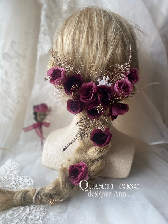 【送料無料】Queen rose  ワイン×ゴールドのヘッドドレス&ブートニアの2点セット♪ 7枚目の画像