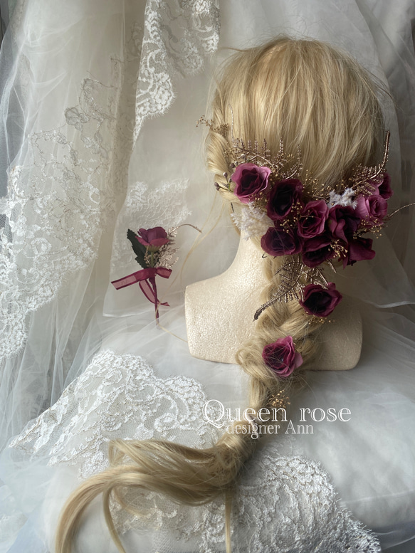 【送料無料】Queen rose  ワイン×ゴールドのヘッドドレス&ブートニアの2点セット♪ 8枚目の画像