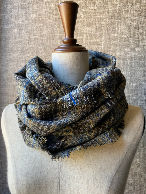 新潟産コットンツイードチェックフリンジWスヌード ネックウォーマー
