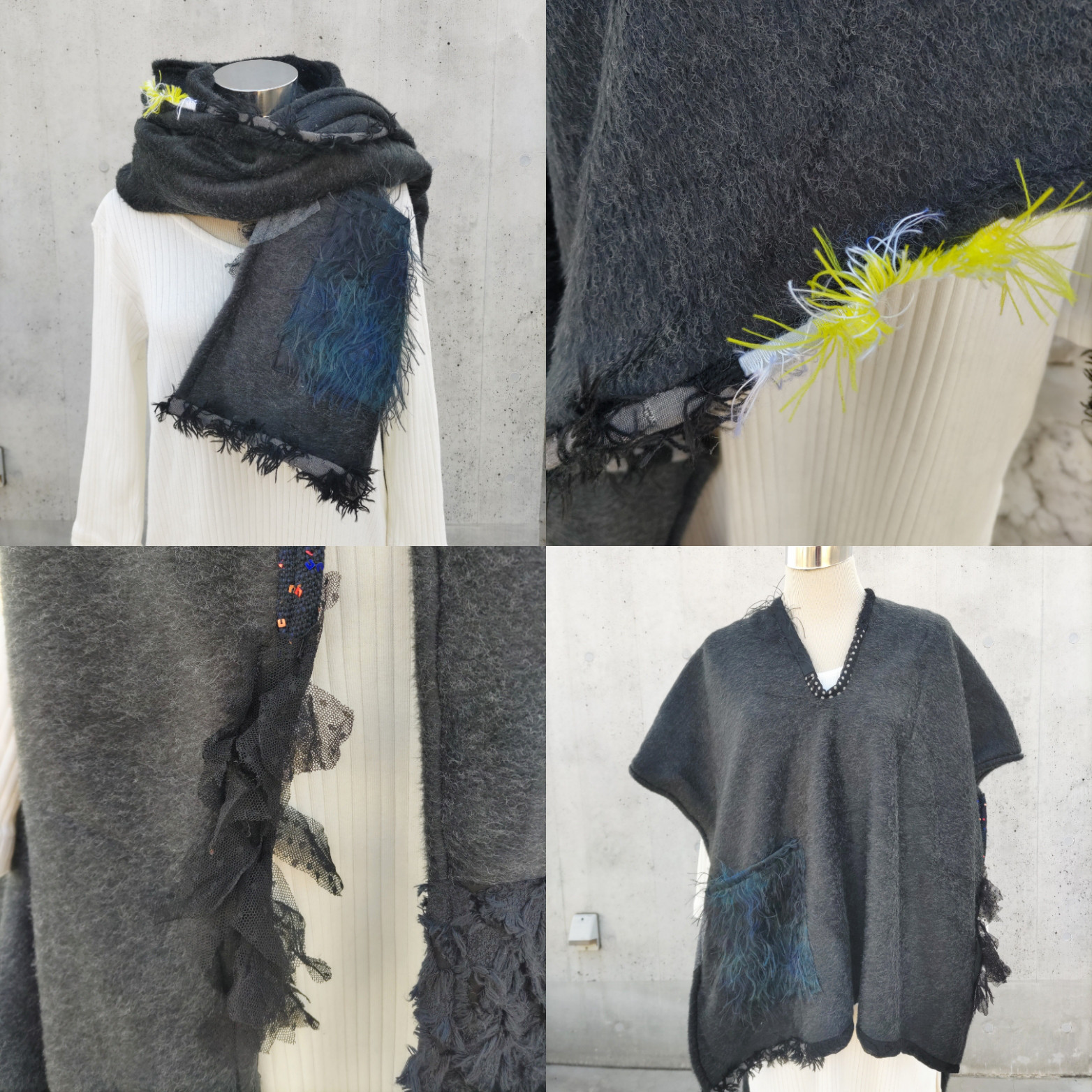 【SALE】Creema限定大好評①片袖コラージュパッチマフラー着こなし七変化　ストール　ベスト　ポンチョ　ブランケット