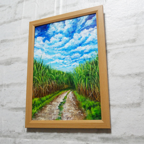 油彩画 オウギバト 油絵 油彩 油彩画 絵 絵画【サトウキビ畑の空】 絵画 HR 通販