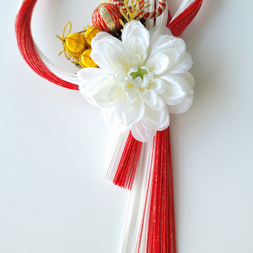 紅白赤ダリアミニ金俵赤玉 お正月、リースしめ縄 正月 正月飾り 正月