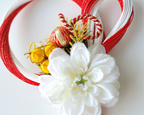 紅白赤ダリアミニ金俵赤玉 お正月、リースしめ縄 正月 正月飾り 正月