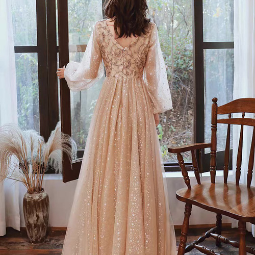 ボリューム袖 Vネック シャンパンカラードレス 二次会 フォト ドレス  