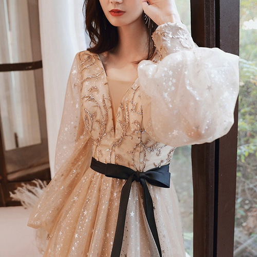 ボリューム袖 Vネック シャンパンカラードレス 二次会 フォト ドレス  