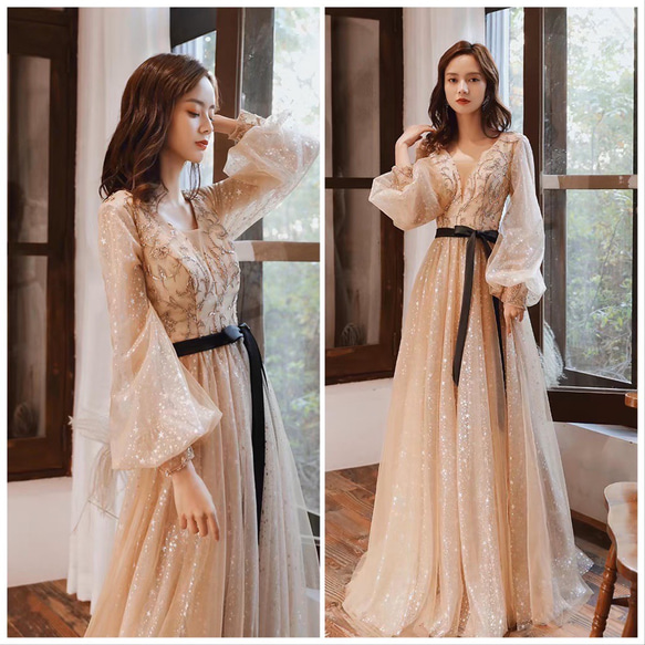 ボリューム袖 Vネック シャンパンカラードレス 二次会 フォト ドレス  