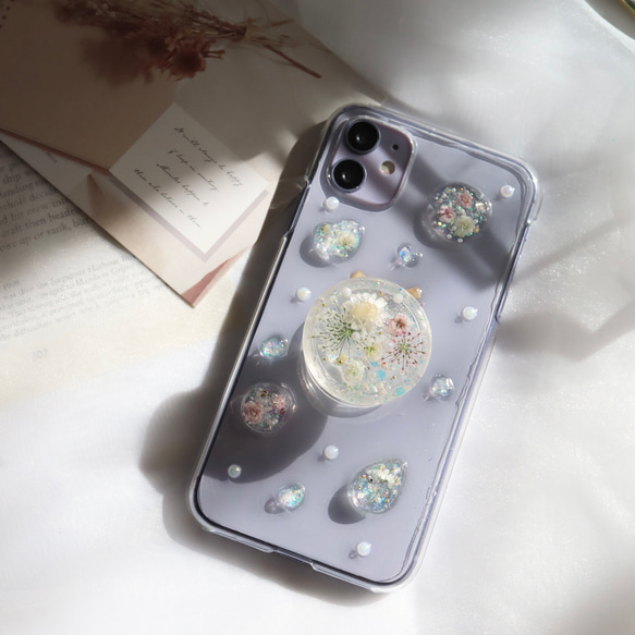 Flower Domeﾟ.*❁スマホグリップ付き 押し花スマホケース  全機種 クリア iPhone14 クリア 5枚目の画像